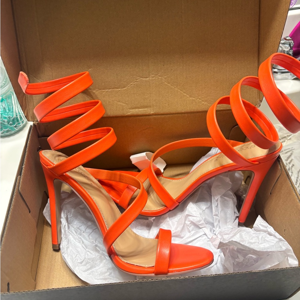 JustFab Orange Spiral Strap Stiletto Sandals